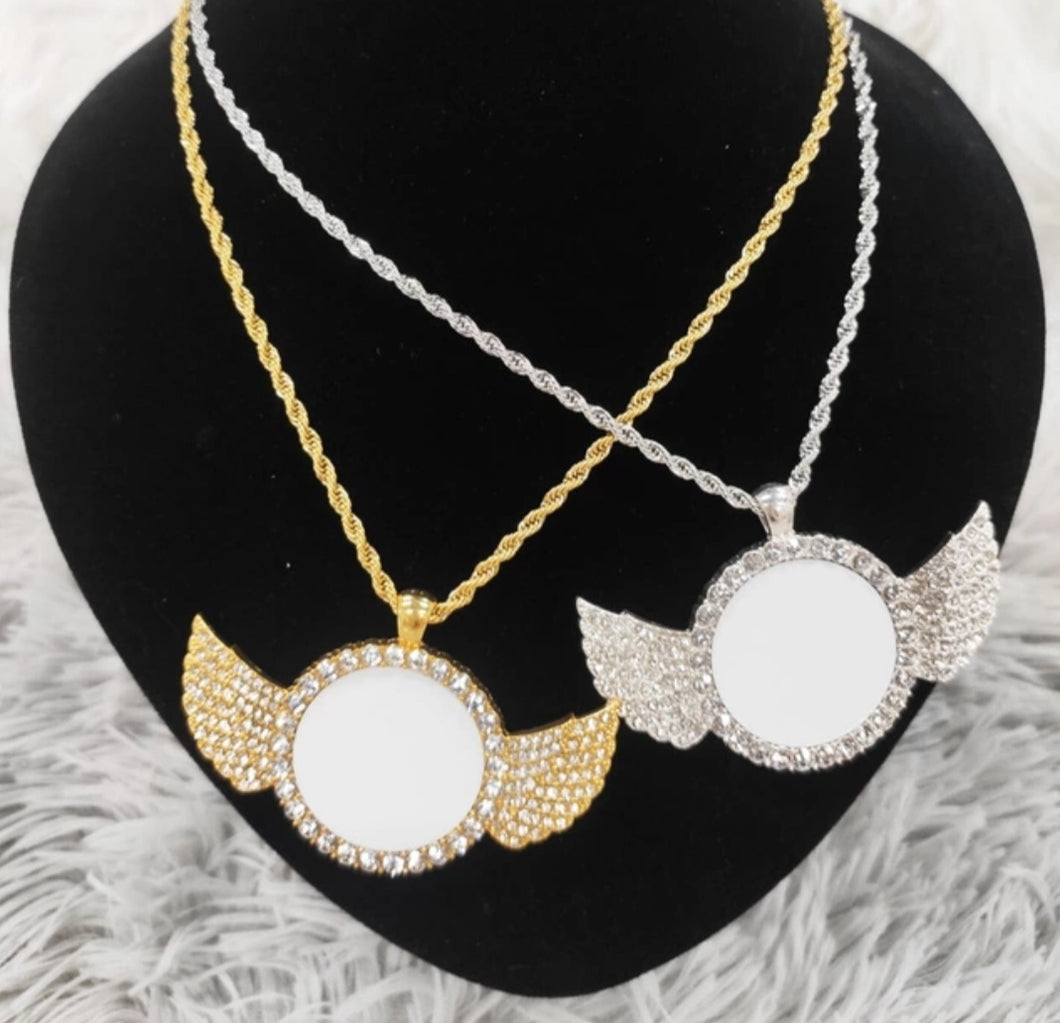 Round Disc Angel Wing Necklace with Chain